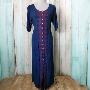 Vtg Johnny Was Blue Red Embroidered Button Front Midi Dress S